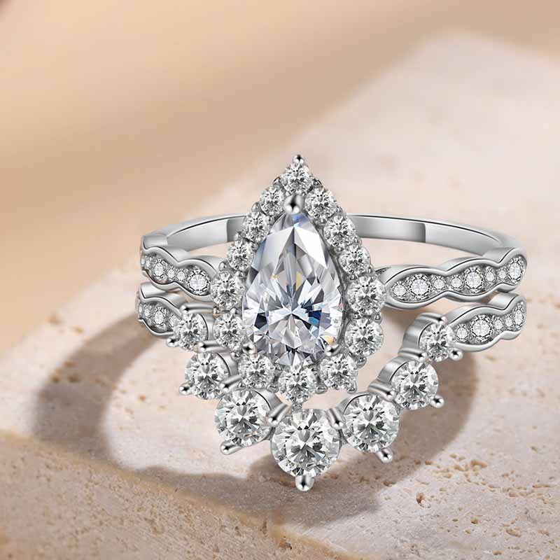 Moissanite Engagement Ring Set for Women Pear Shaped Sterling Silver