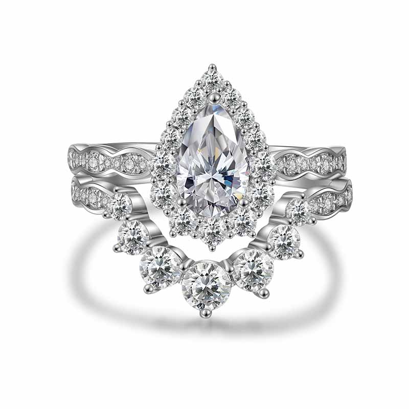 Moissanite Engagement Ring Set for Women Pear Shaped Sterling Silver