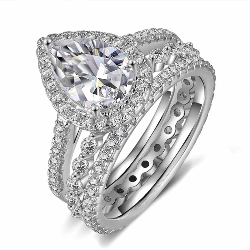 Pear Shaped 2 Carat Moissanite Engagement Ring Set Sterling Silver