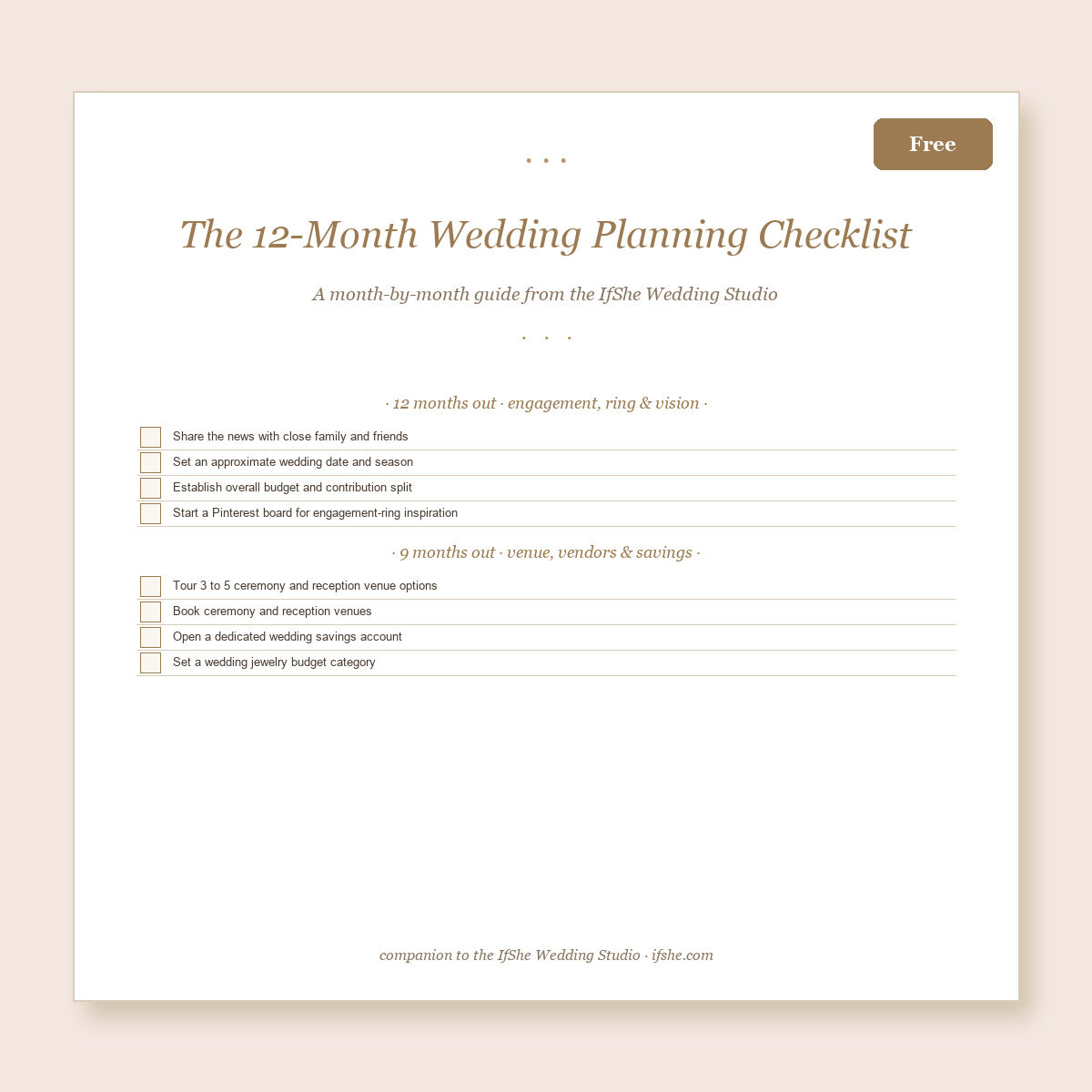 The 12-Month Wedding Planning Checklist cover — IfShe Wedding Studio free download